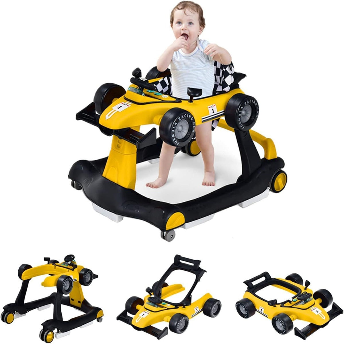 Andador Dobrável com Altura Ajustável em 3 Níveis, Rodas de Velocidade Regulável e Almofada Removível para Bebê 6-18 Meses Amarelo