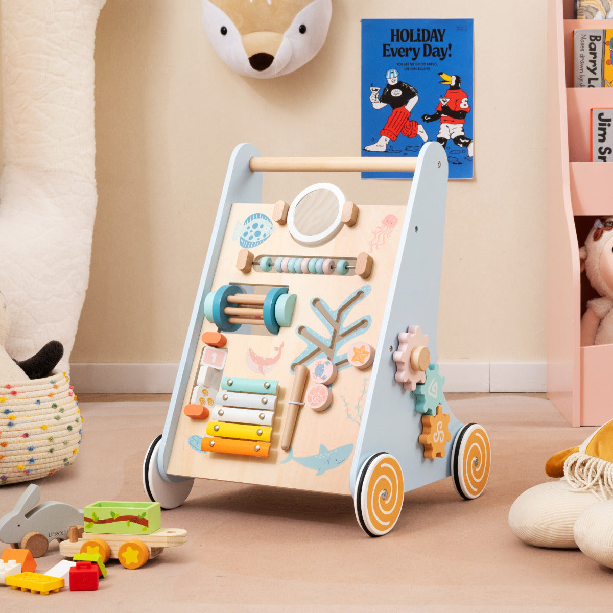 Andador de Madeira para Bebés Centro de Atividades de Aprendizagem para Empurrar e Puxar Brinquedo Montessori com Rodas Brinquedo de Empurrar Azul