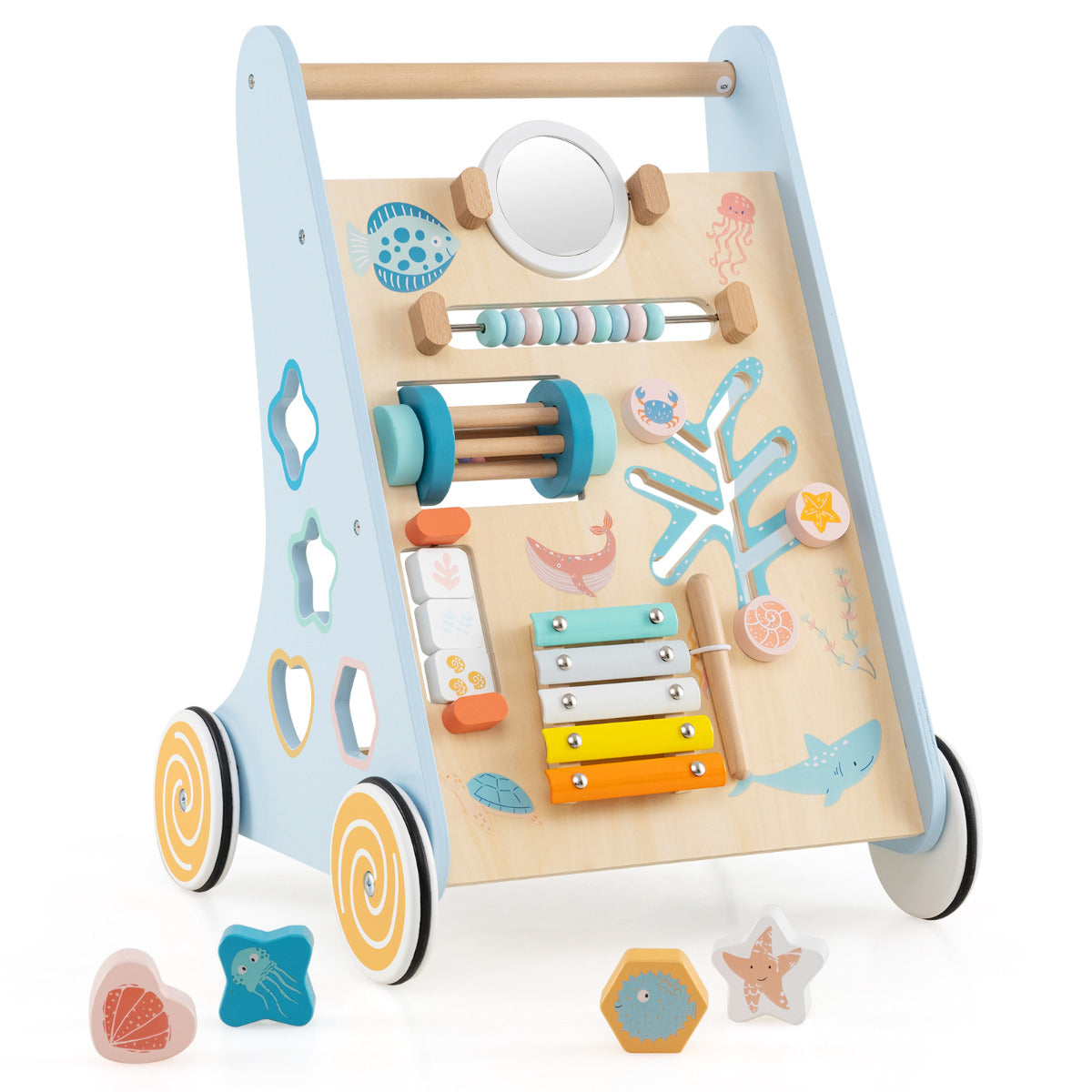 Andador de Madeira para Bebés Centro de Atividades de Aprendizagem para Empurrar e Puxar Brinquedo Montessori com Rodas Brinquedo de Empurrar Azul