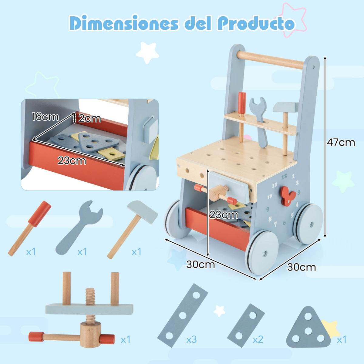 Andador de Madeira para Bebés com Ferramentas e Armazenamento Inferior 30 x 30 x 47 cm Azul