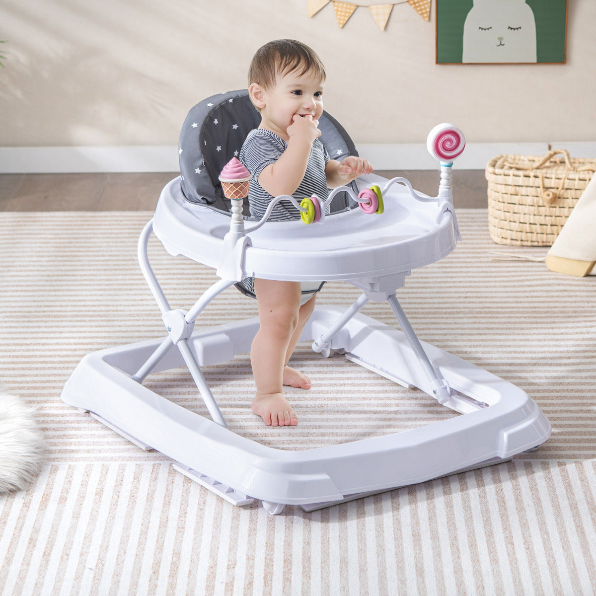 Andador para Bebés Dobrável com Rodas Altura Ajustável a 3 Níveis Almofada de Assento Removível Andador para Crianças 6-36 Meses Cinzento