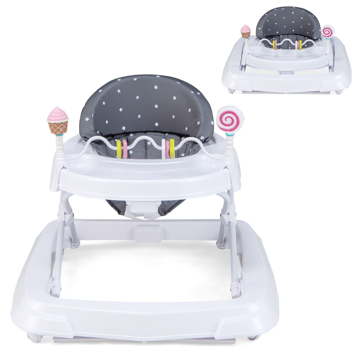 Andador para Bebés Dobrável com Rodas Altura Ajustável a 3 Níveis Almofada de Assento Removível Andador para Crianças 6-36 Meses Cinzento