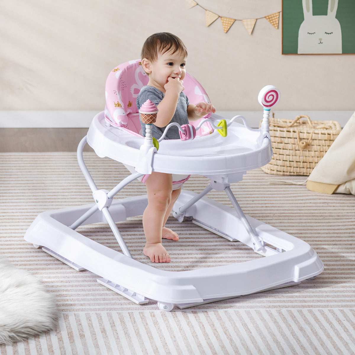 Andador para Bebés Dobrável com Rodas Altura Ajustável a 3 Níveis Almofada de Assento Removível Andador para Crianças 6-36 Meses Rosa