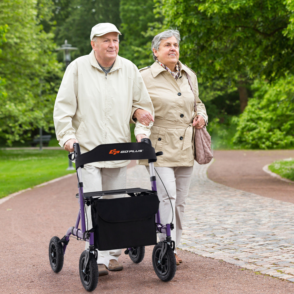 Andador Dobrável para Idosos Adultos com Assento Roda Pneumática Todo-o-Terreno de 24 cm Bolsa de Armazenamento Capacidade de Carga 160 kg Roxo