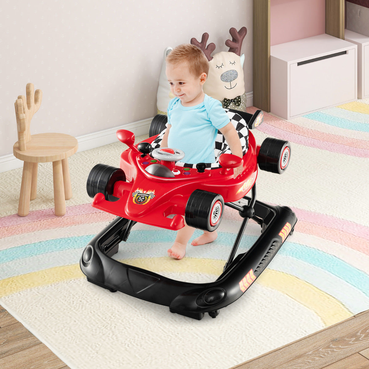 Andador Dobrável 4 em 1 Conversível Altura Ajustável de 3 Níveis Bandeja de Música e de Comida Almofadado para Bebés 7-14 Meses Vermelho