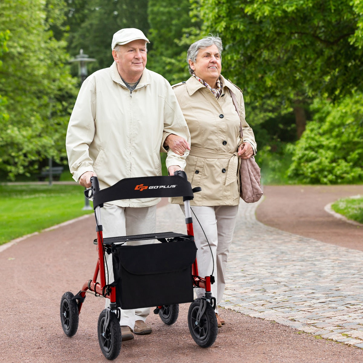 Andarilho Dobrável para Idosos Adultos com Assento Roda Pneumática Todo-o-Terreno de 24 cm Bolsa de Armazenamento Capacidade de Carga 160 kg Vermelho