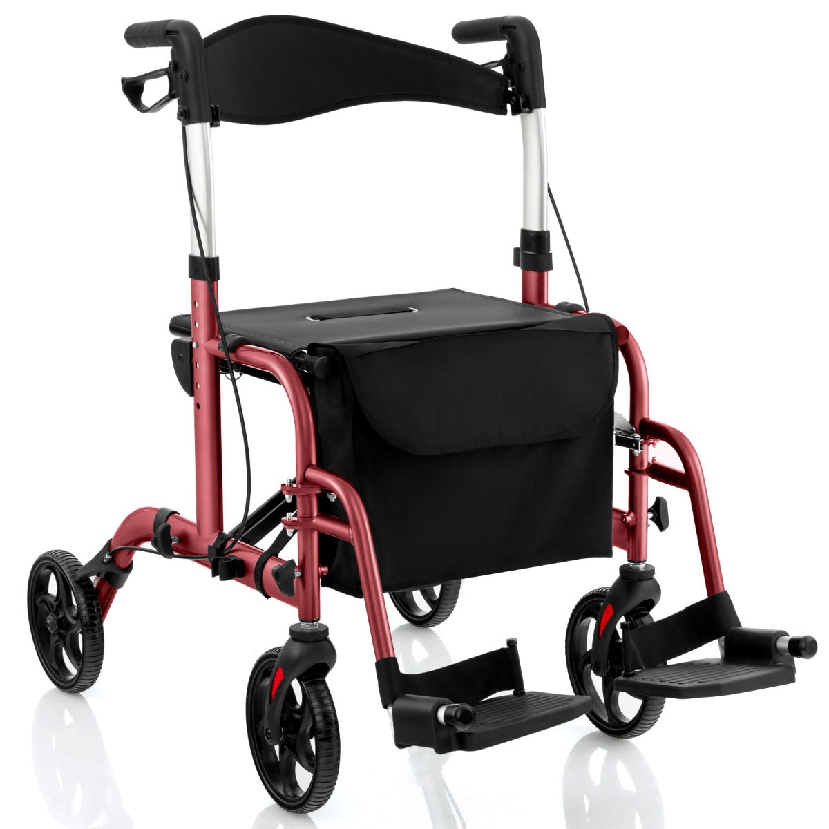 Andador Rollator 2 em 1 Multiusos em Alumínio com Altura Ajustável para Pessoas Idosas - Vermelho