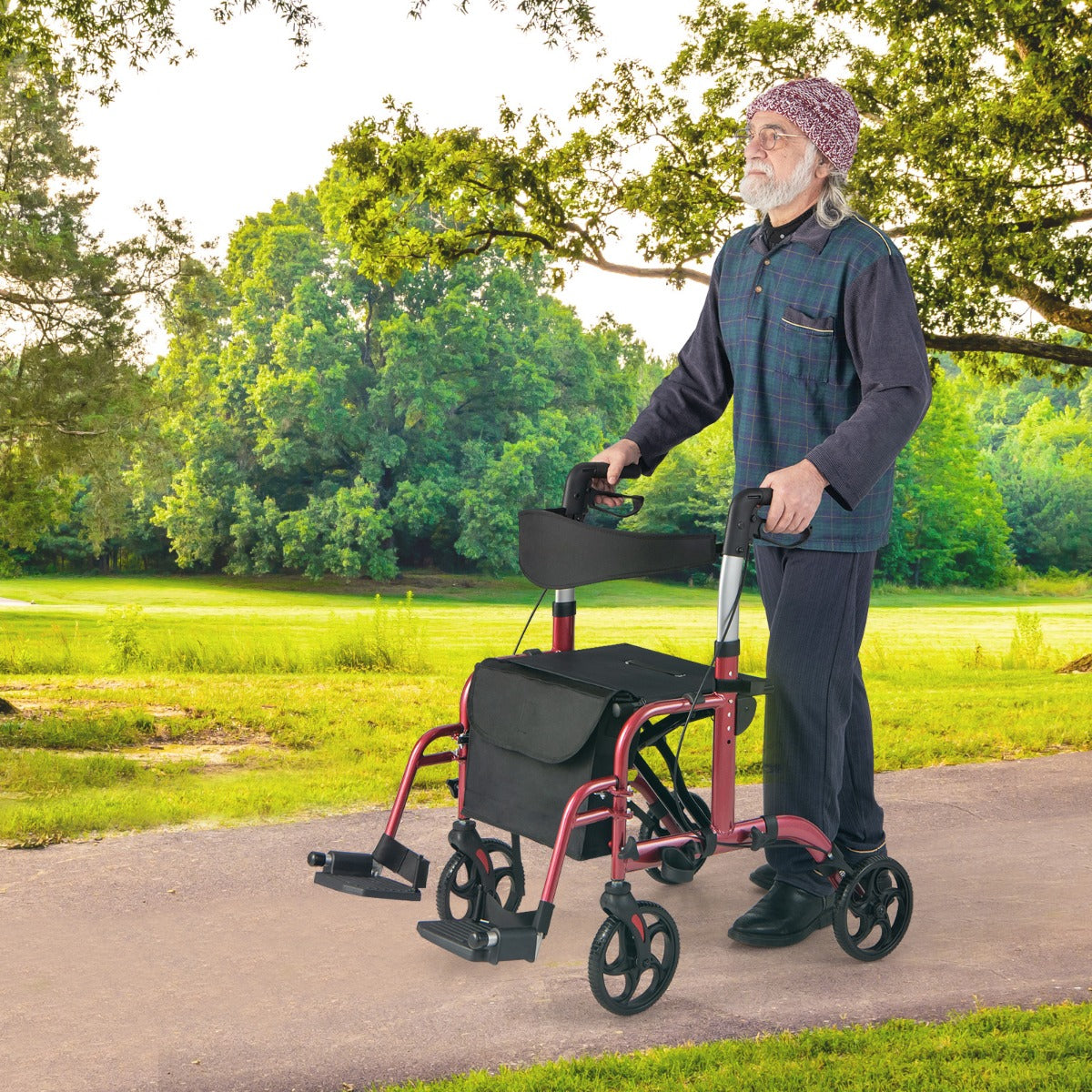 Andador Rollator 2 em 1 Multiusos em Alumínio com Altura Ajustável para Pessoas Idosas - Vermelho