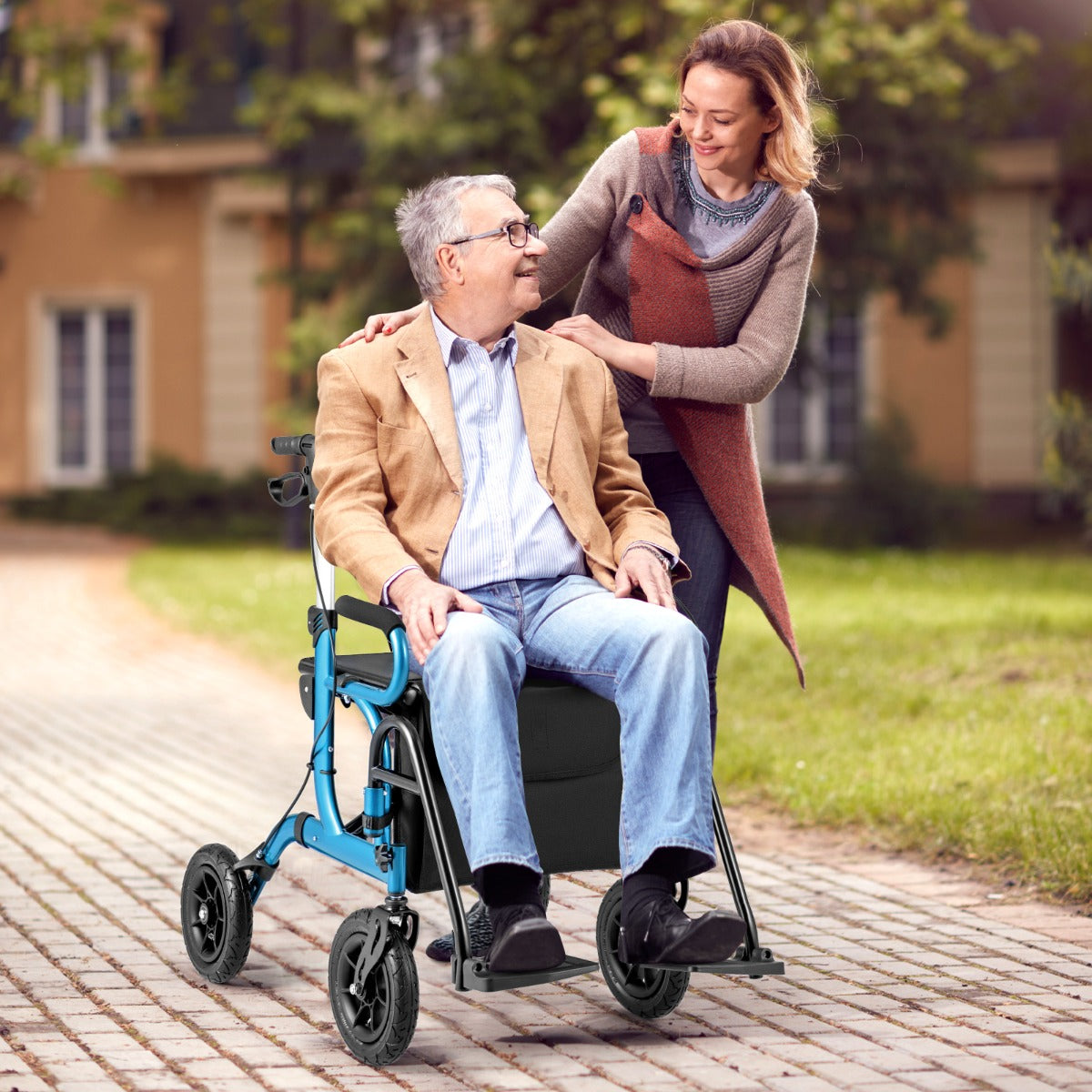 Andador Rollator Plegável para Pessoas Idosas com Assento Ajustável em Altura Encosto Ergonómico - Azul Marinho