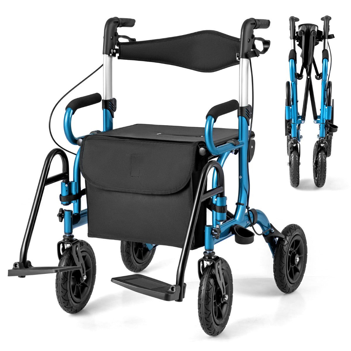 Andador Rollator Plegável para Pessoas Idosas com Assento Ajustável em Altura Encosto Ergonómico - Azul Marinho