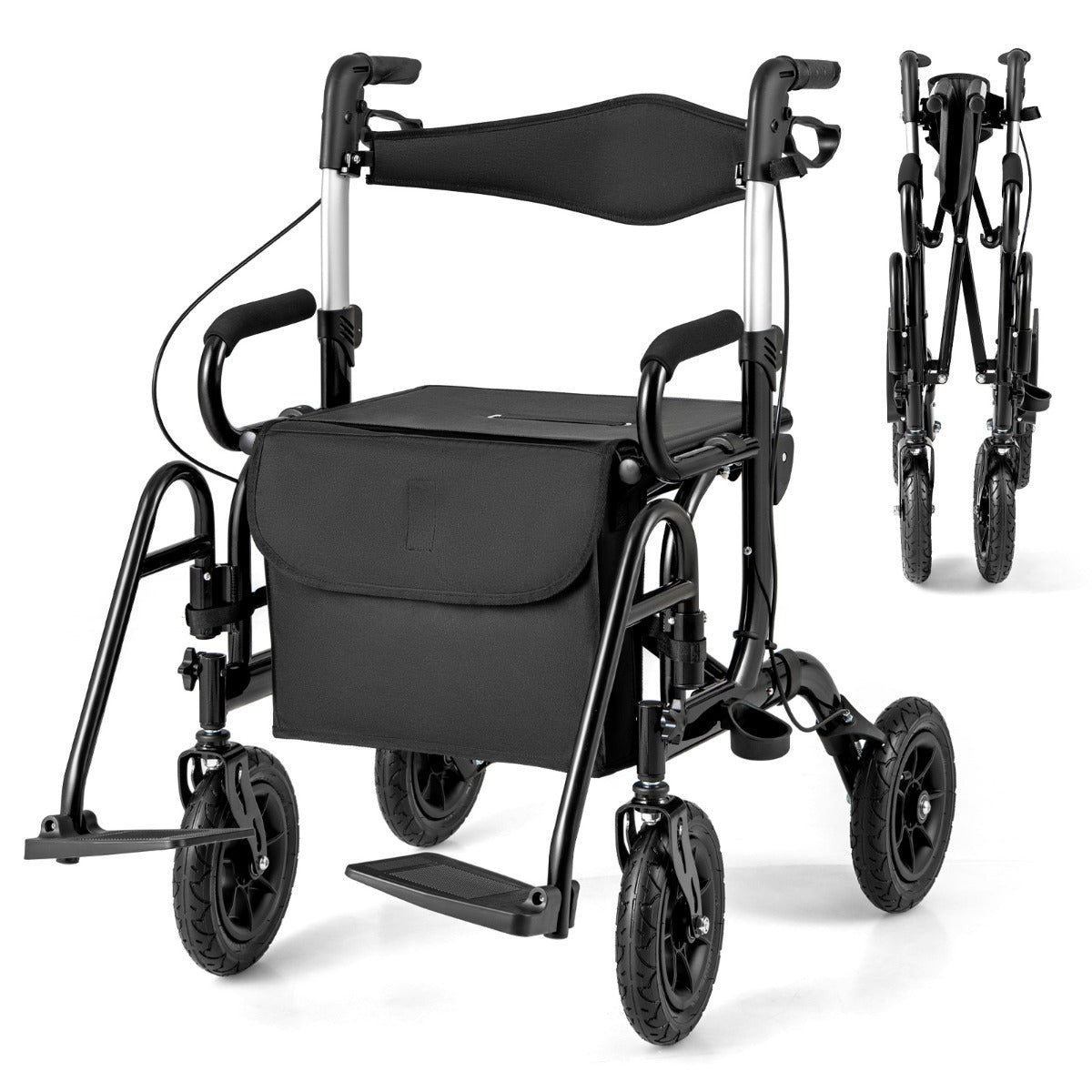 Andador Rollator Plegável para Pessoas Idosas com Assento Ajustável em Altura Encosto Ergonómico - Preto