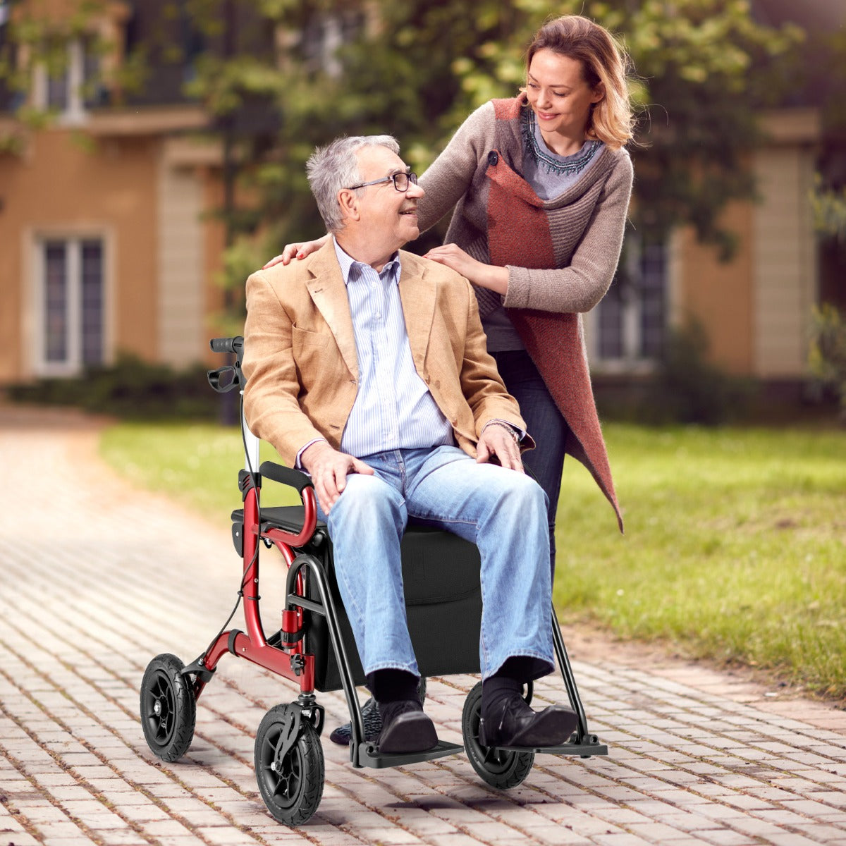 Andador Rollator Plegável para Pessoas Idosas com Assento Ajustável em Altura Encosto Ergonómico - Vermelho