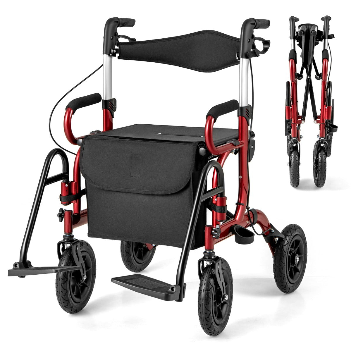 Andador Rollator Plegável para Pessoas Idosas com Assento Ajustável em Altura Encosto Ergonómico - Vermelho