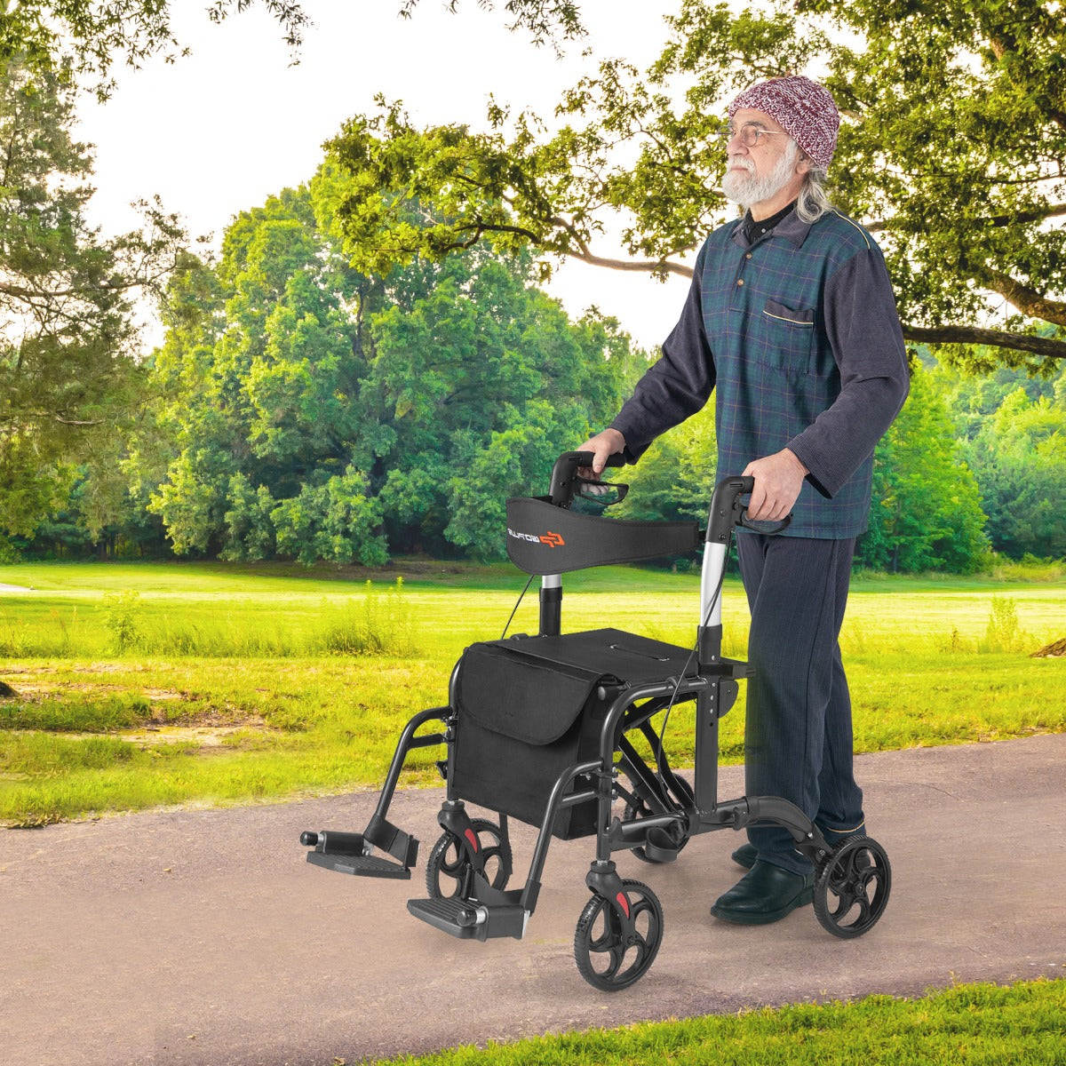 Andador Rollator 2 em 1 Multiusos de Alumínio com Altura Ajustável para Pessoas Idosas até 136 kg em Preto
