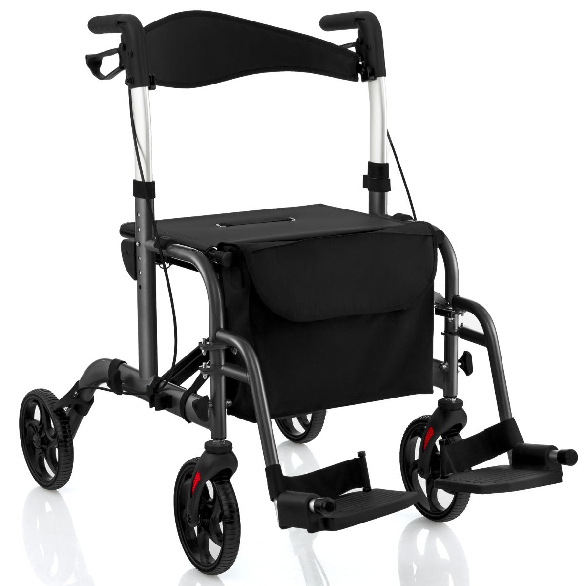 Andador Rollator 2 em 1 Multiusos de Alumínio com Altura Ajustável para Pessoas Idosas até 136 kg em Preto