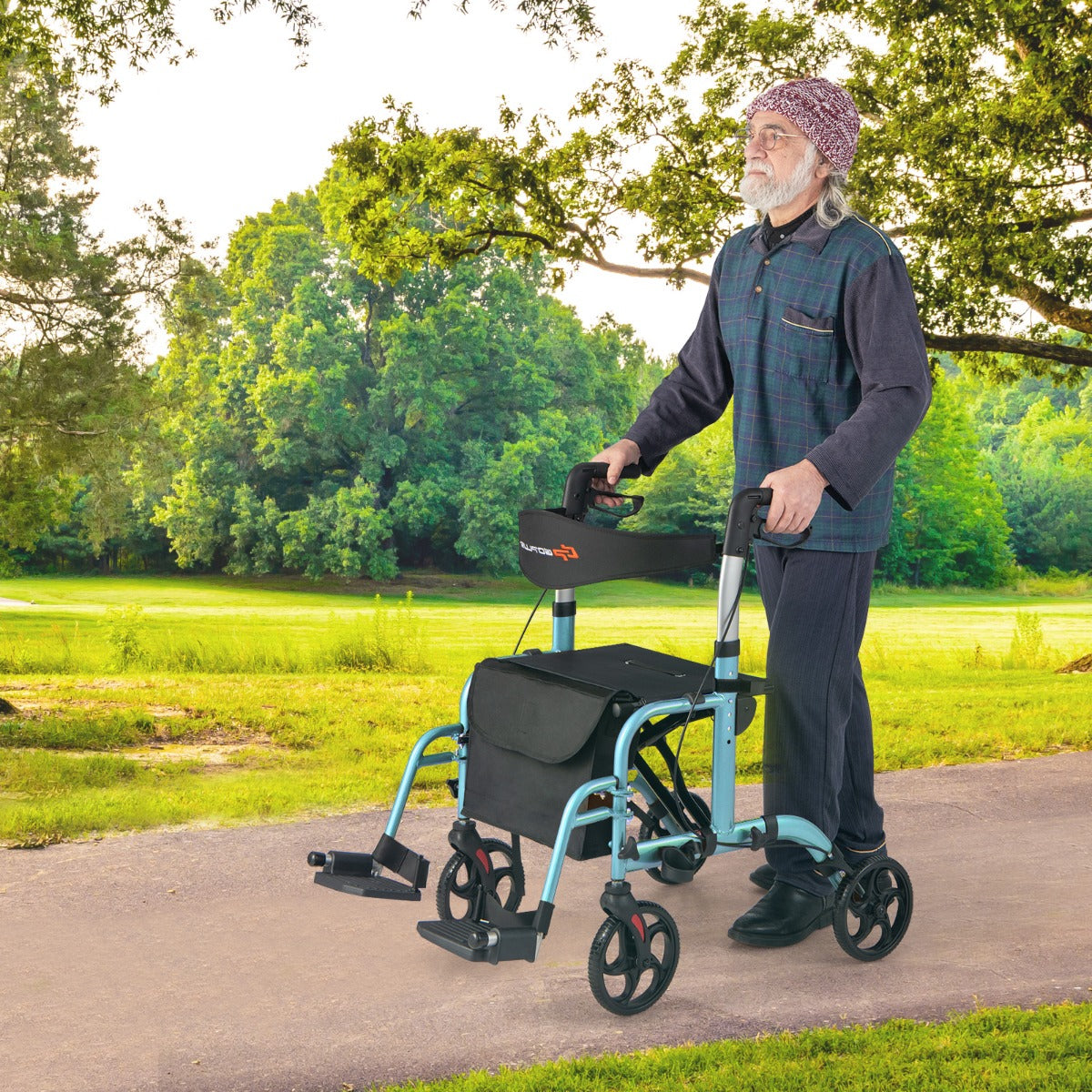 Andador Rollator 2 em 1 Multiusos de Alumínio com Altura Ajustável para Pessoas Idosas Carga 136 kg Azul