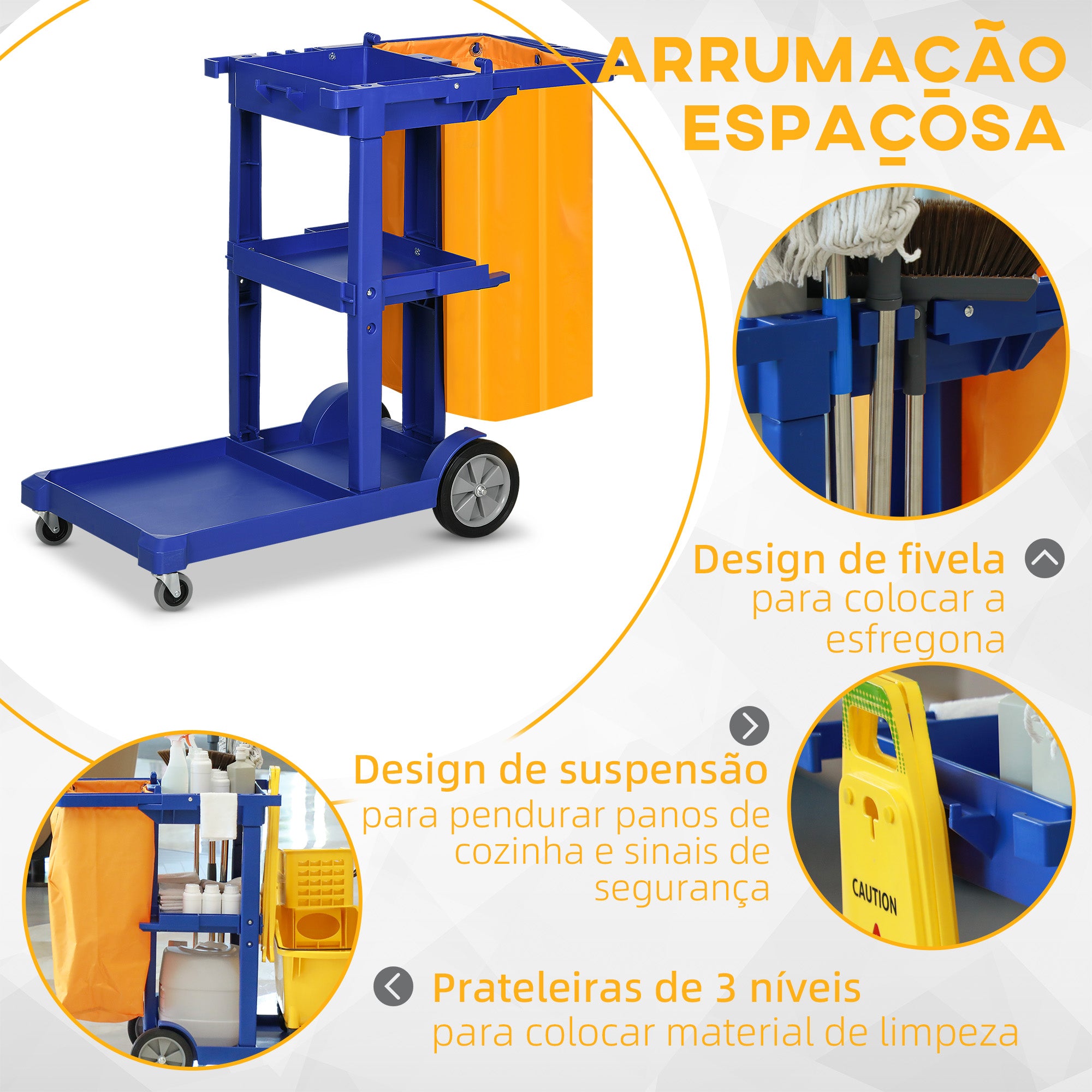 Carrinho de Limpeza com 3 Prateleiras 121x50,5x96,5 cm - Azul e Amarelo