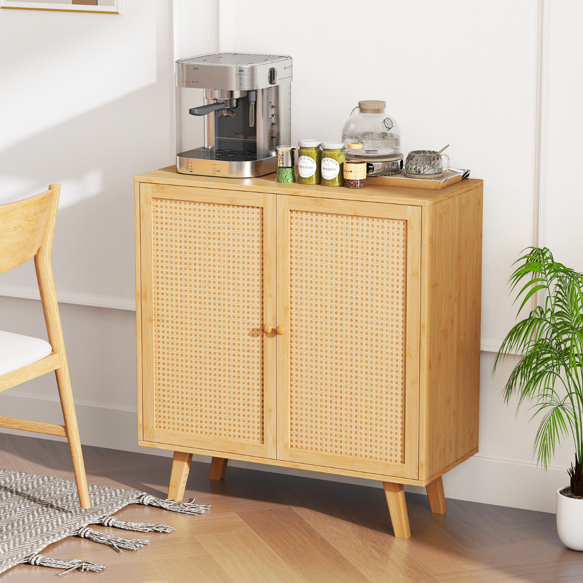 Aparador de Cozinha em Bambu com 2 Portas de Rattan 80 x 34,5 x 85 cm Cor Natural