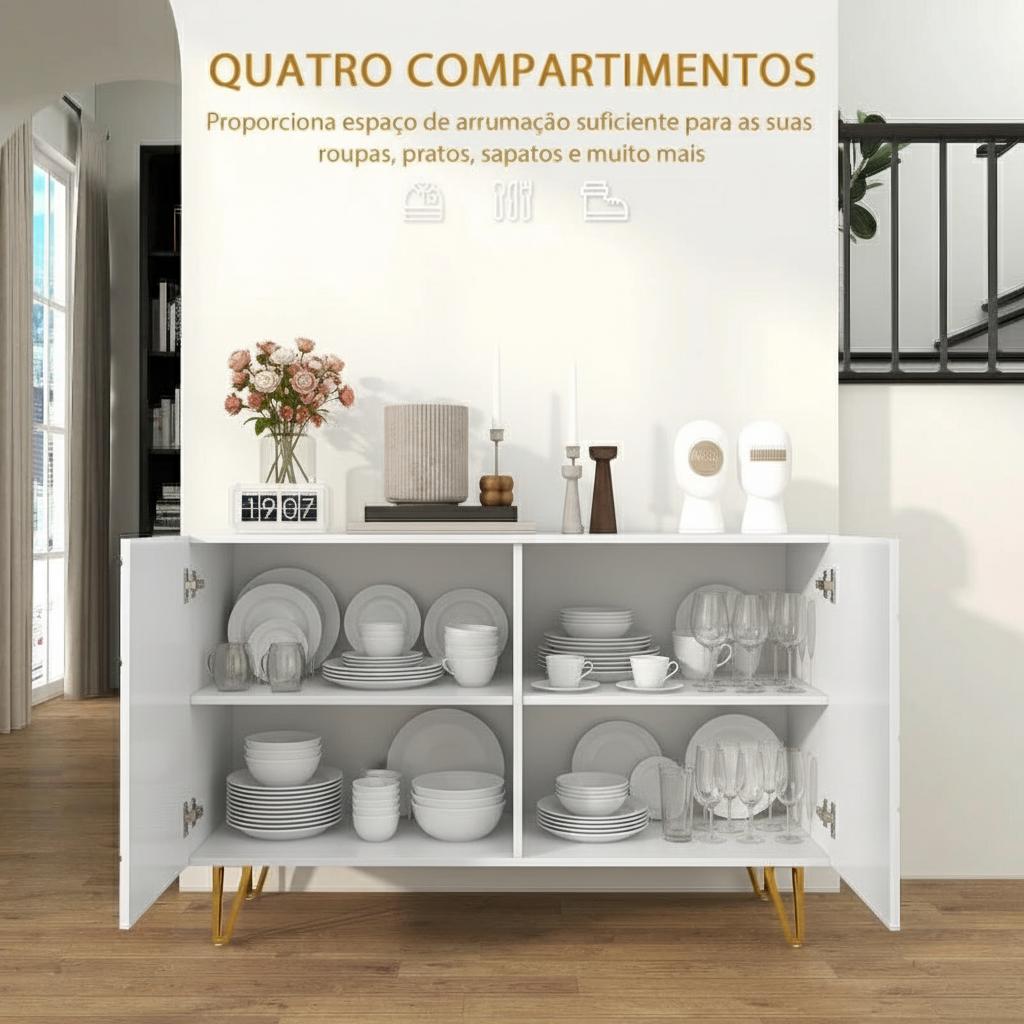 Aparador aberto com louça e objetos decorativos