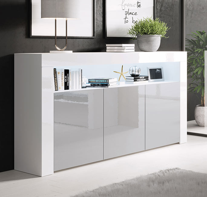 Aparador Aker em Branco e Cinza Brilhante - Elegância e Modernidade