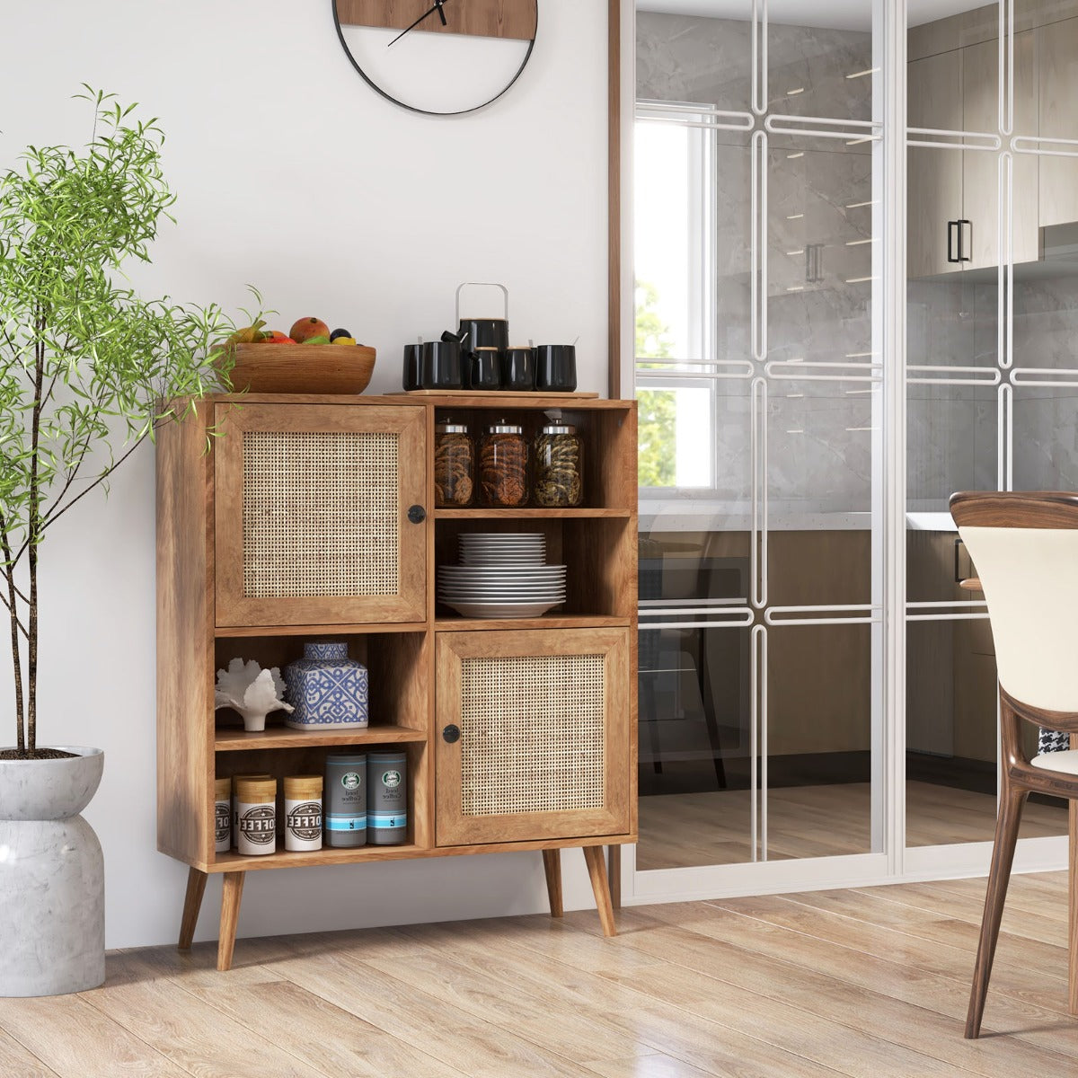 Aparador de Cozinha em Rattan com 4 Cubículos e 2 Portas Decoradas Gabinete em Rattan para Sala de Jantar 80 x 29,5 x 97 cm Natural
