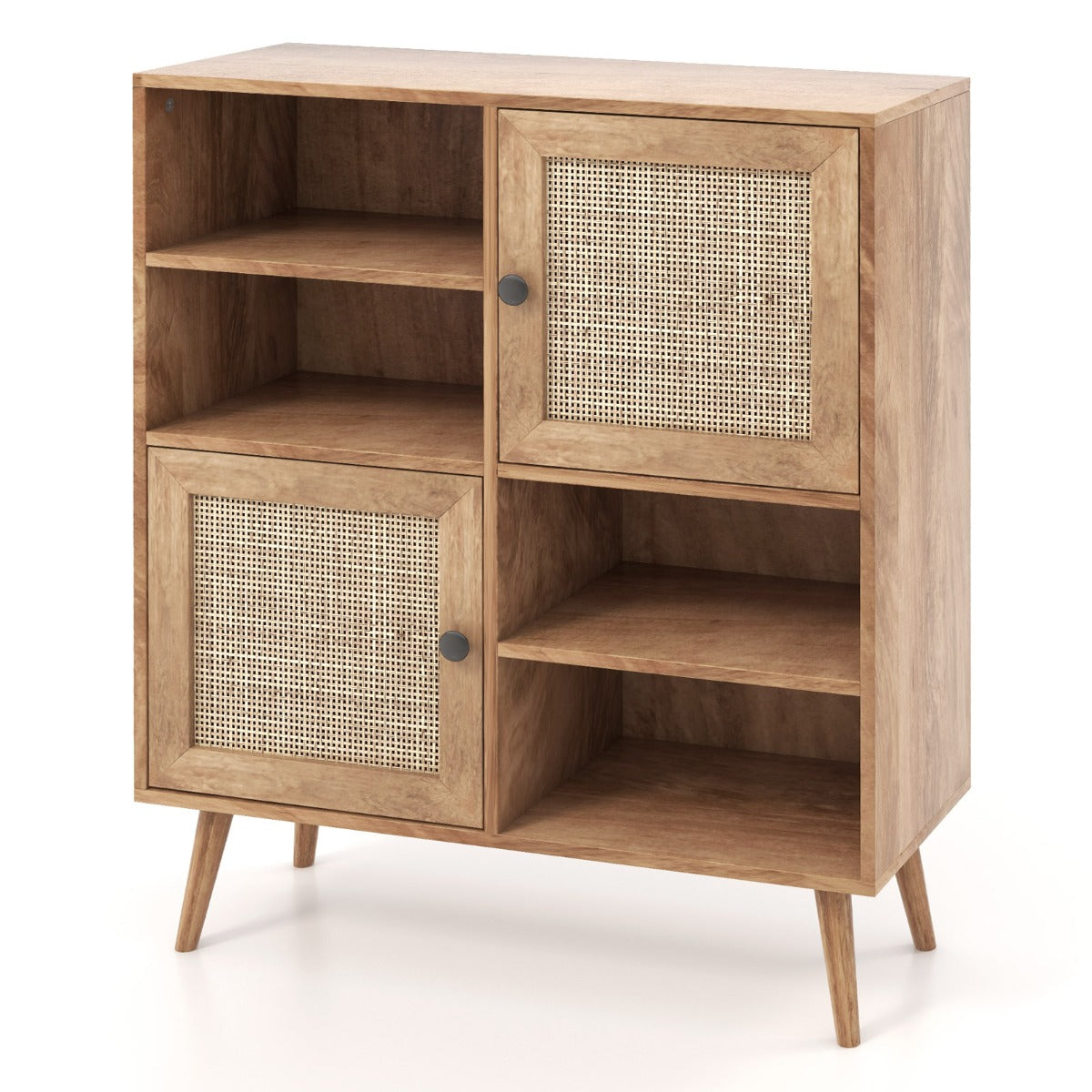 Aparador de Cozinha em Rattan com 4 Cubículos e 2 Portas Decoradas Gabinete em Rattan para Sala de Jantar 80 x 29,5 x 97 cm Natural