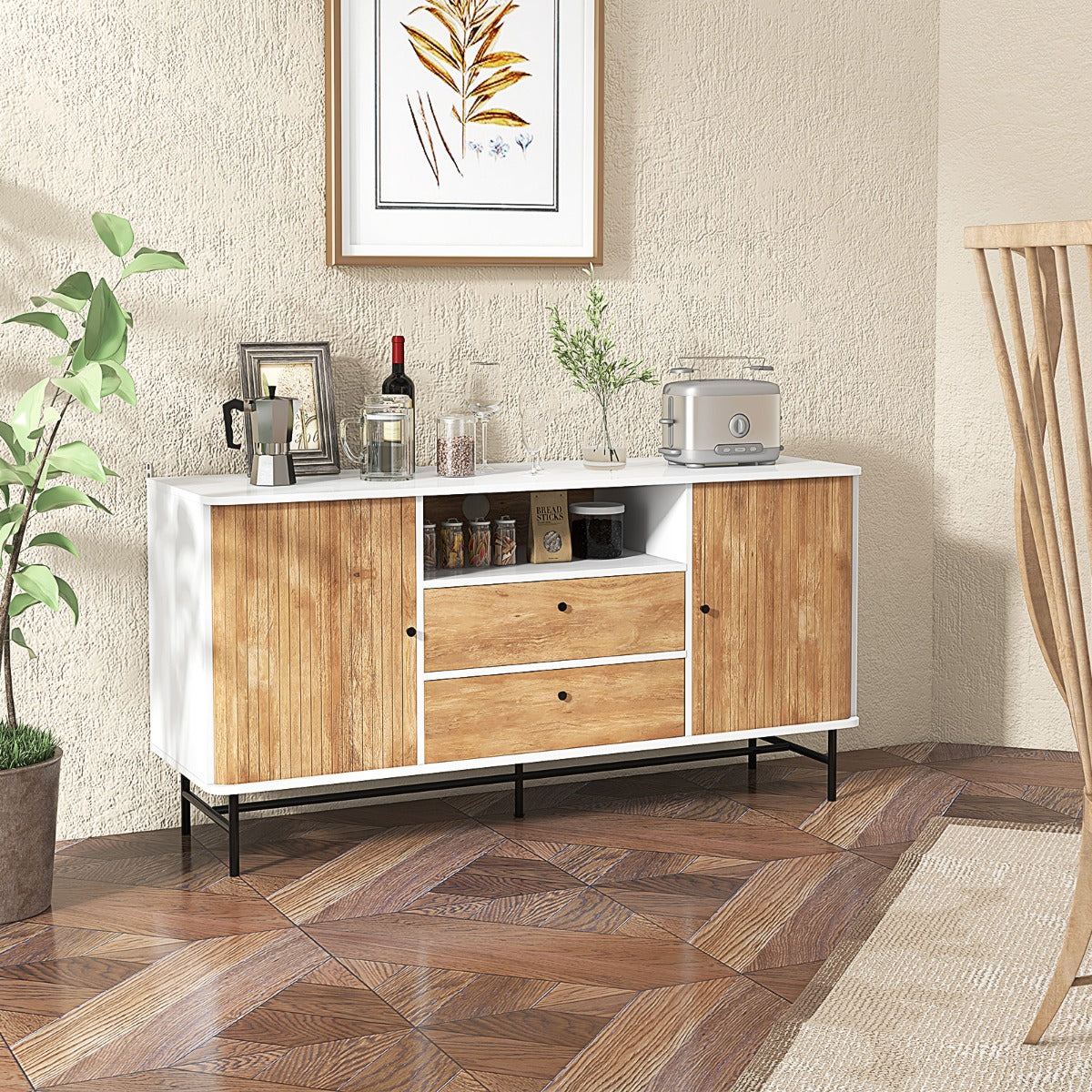 Móvel de TV 65" com Orifício para Cabos Portas Deslizantes Persiana 2 Gavetas Aparador Buffet para Sala de Estar 150 x 45 x 74 cm Branco