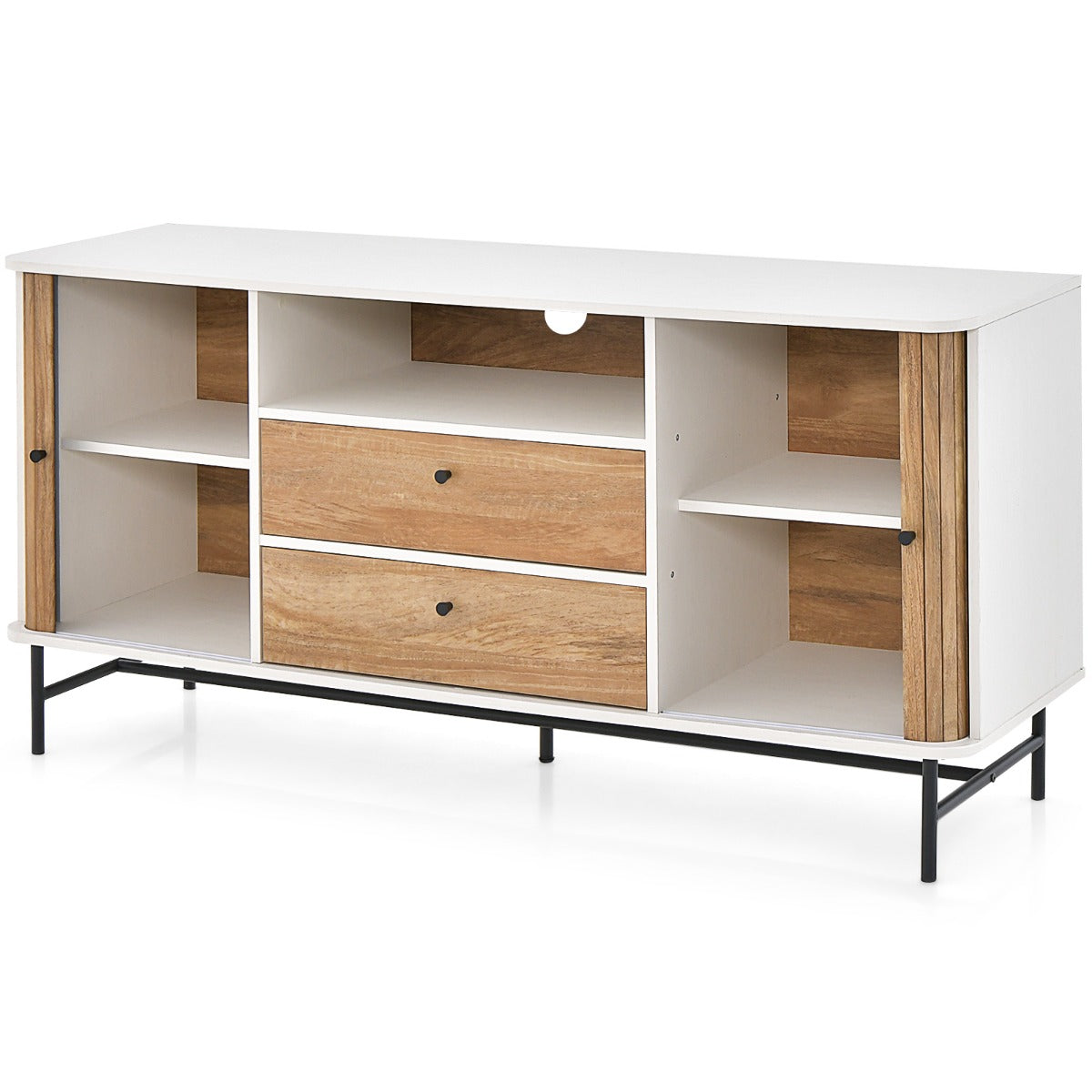 Móvel de TV 65" com Orifício para Cabos Portas Deslizantes Persiana 2 Gavetas Aparador Buffet para Sala de Estar 150 x 45 x 74 cm Branco