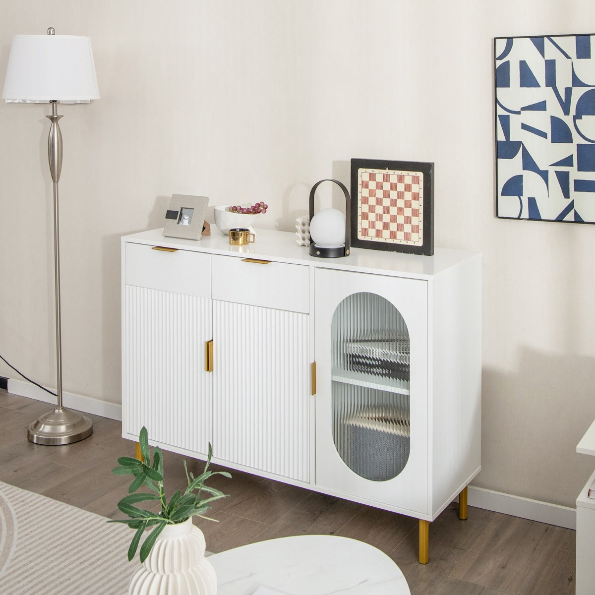 Aparador Buffet Independente com 2 Gavetas Portas Pés de Metal Móvel de Cozinha para Sala de Jantar e Sala de Estar 120 x 40 x 88 cm Branco