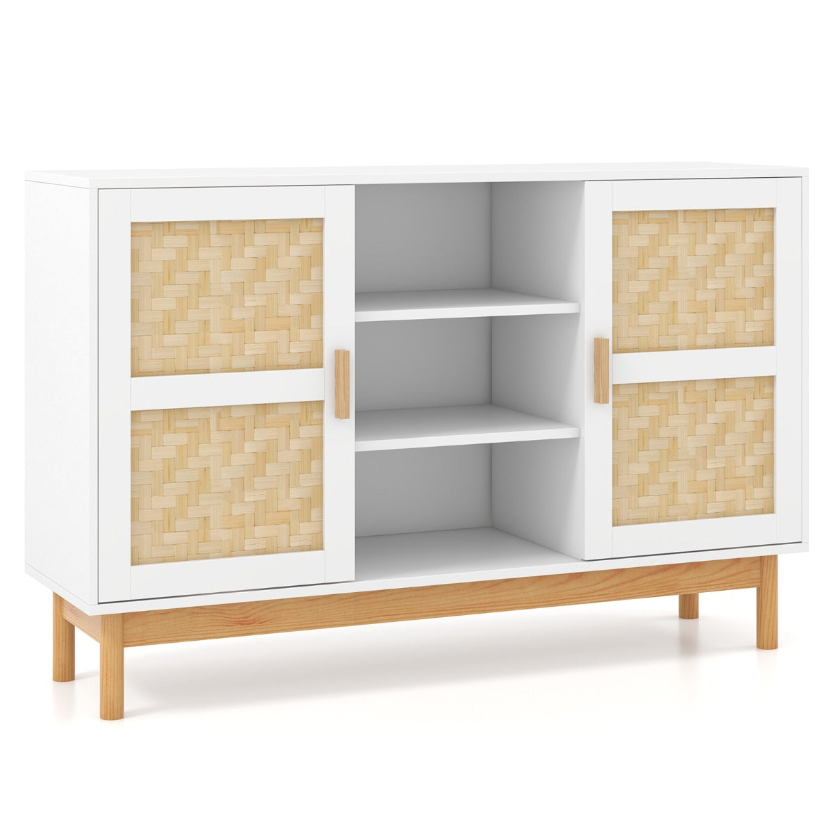 Aparador Buffet de 120 cm em Bambu com 2 Portas Branco para Cozinha