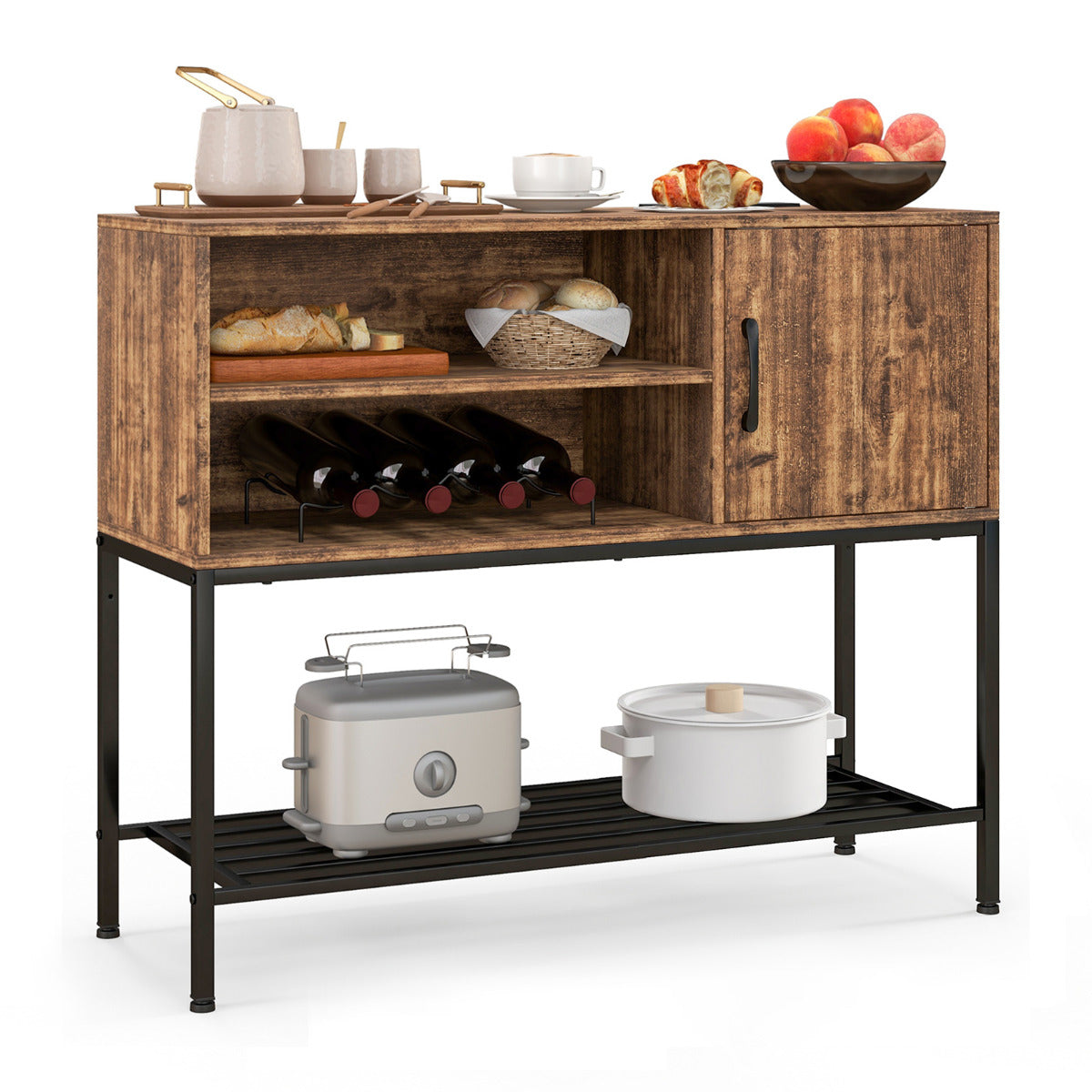 Aparador Buffet Mesa Consola com Prateleiras para Vinhos e Armazenamento - Estrutura em Metal - Marrom