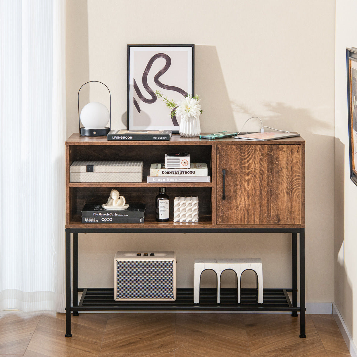 Aparador Buffet Mesa Consola com Prateleiras para Vinhos e Armazenamento - Estrutura em Metal - Marrom