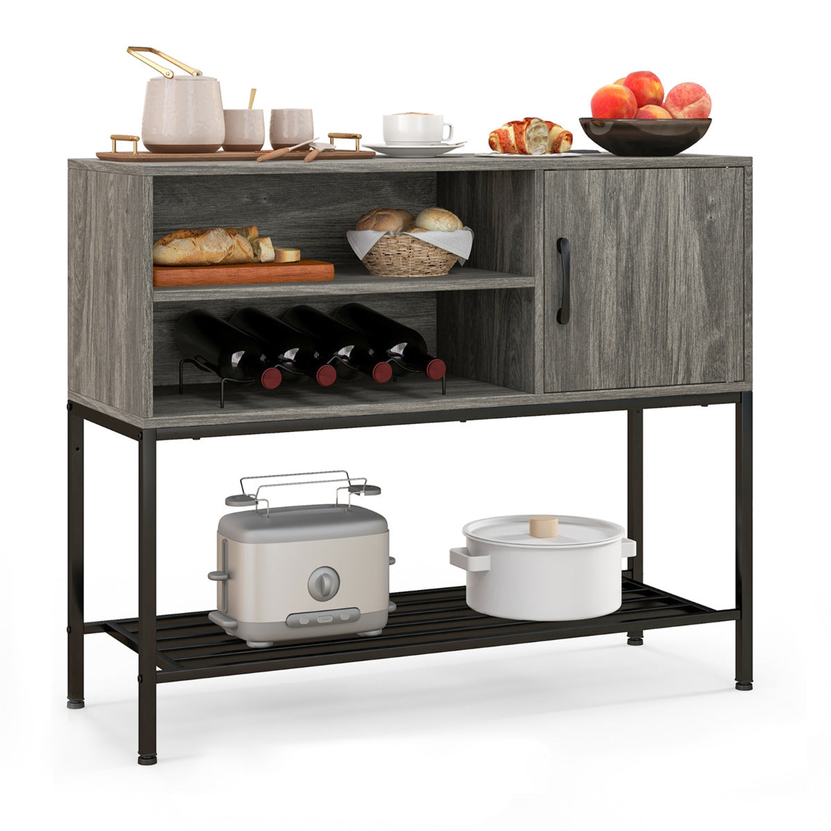 Aparador Buffet Consola com Estantes para Vinhos e Armazenamento - Cinzento