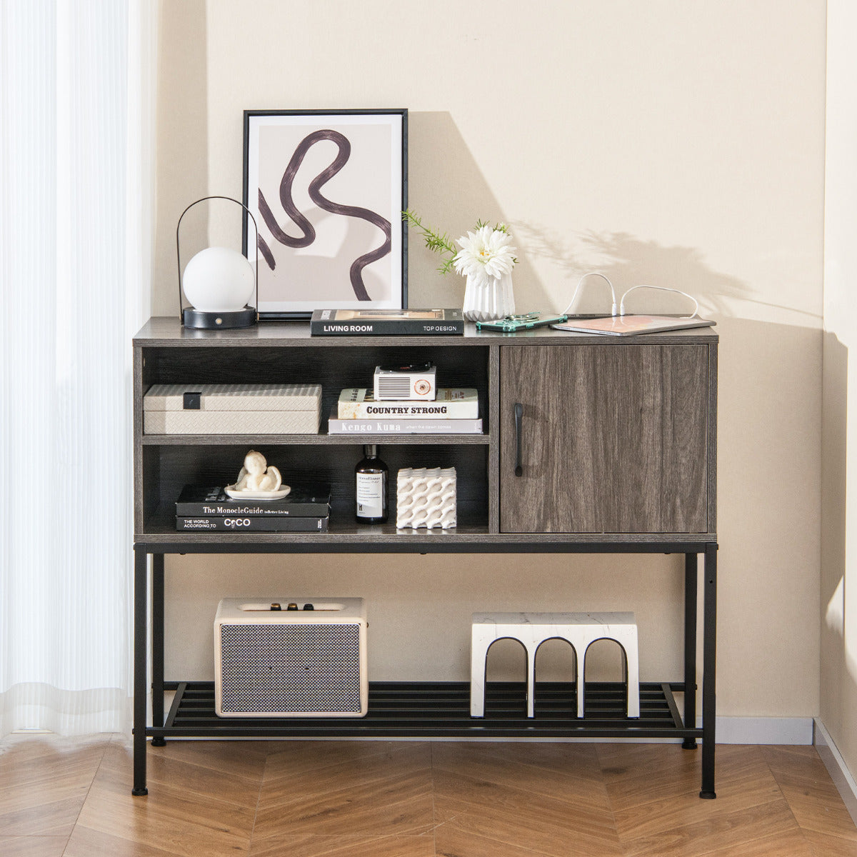 Aparador Buffet Consola com Estantes para Vinhos e Armazenamento - Cinzento