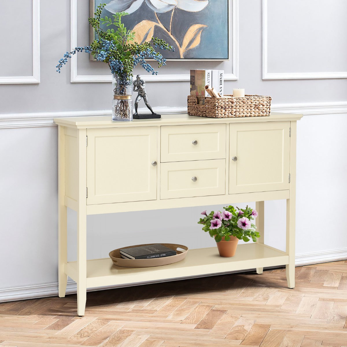 Aparador de Cozinha em Madeira com 2 Gavetas e 2 Prateleiras Inferiores Portas Mesa Auxiliar de Buffet para Sala Escritório 117 x 38 x 86,5 cm Bege