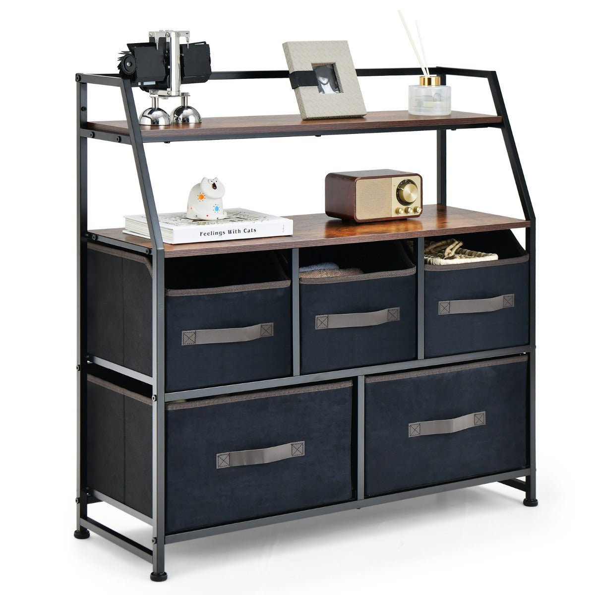 Aparador com 5 Gavetas de Tecido Armário Estante Anti-tombamento Cómoda Organizadora para Quarto Sala 84 x 30 x 85 cm Castanho