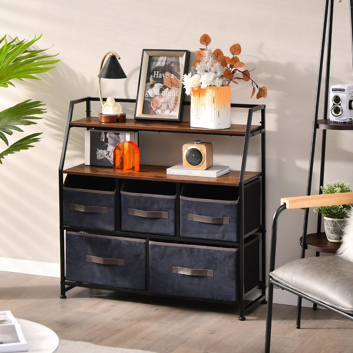 Aparador com 5 Gavetas de Tecido Armário Estante Anti-tombamento Cómoda Organizadora para Quarto Sala 84 x 30 x 85 cm Castanho