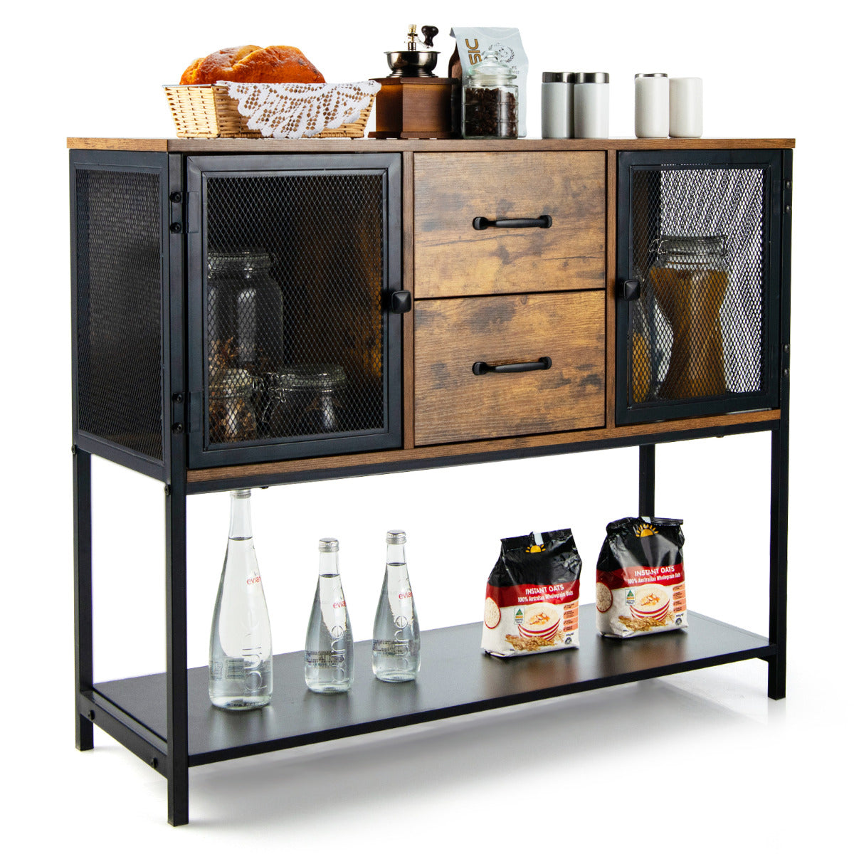 Consola Industrial com 2 Armários 2 Gavetas Aparador Multifuncional para Sala de Estar Cozinha 100 x 35 x 85 cm Castanho
