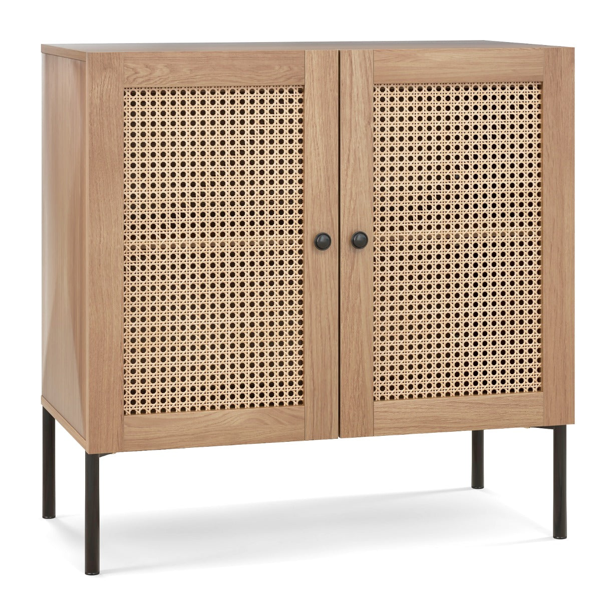 Aparador Buffet com 2 Portas de Rattan para Cozinha com Estante Ajustável 3 Posições para Casa Sala de Jantar 80 x 40 x 80 cm Carvalho
