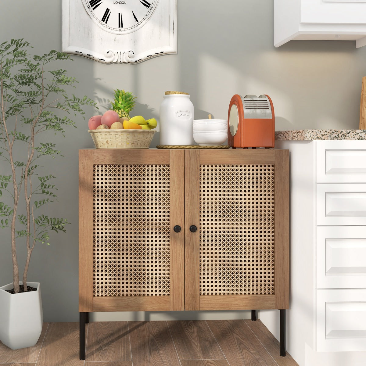 Aparador Buffet com 2 Portas de Rattan para Cozinha com Estante Ajustável 3 Posições para Casa Sala de Jantar 80 x 40 x 80 cm Carvalho