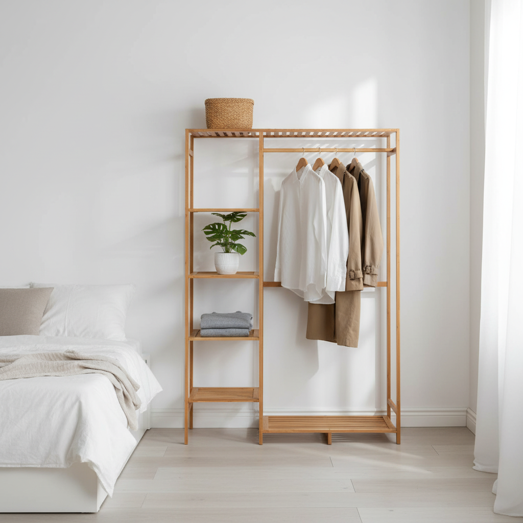 Aparador de bambu em quarto minimalista