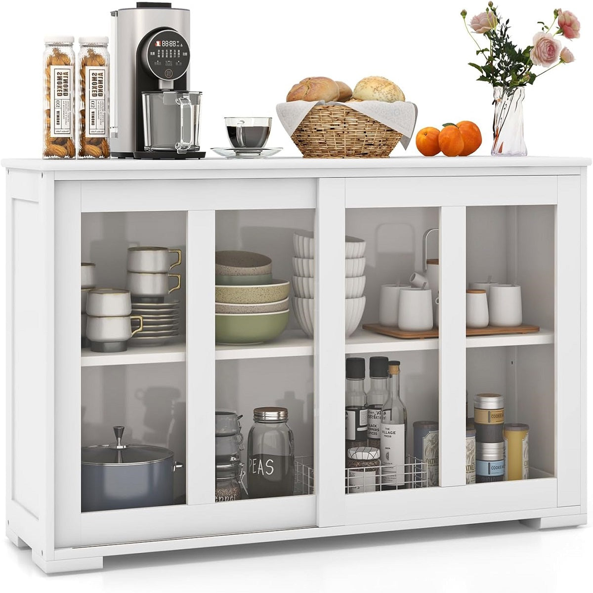 Aparador de Cozinha Armário de Arrumação Gabinete Consola com 2 Prateleiras 2 Portas 106 x 33 x 62,5 cm Branco