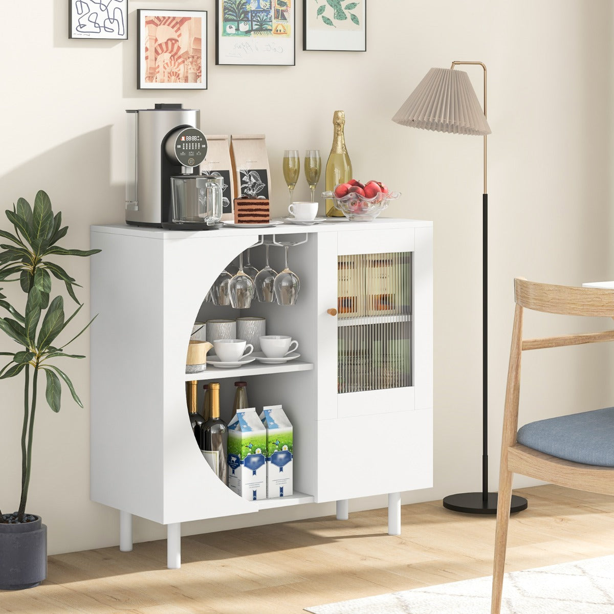 Aparador de Cozinha com Suporte para Copos Portas de Vidro Temperado Armário de Buffet em Madeira para Sala de Estar Branco