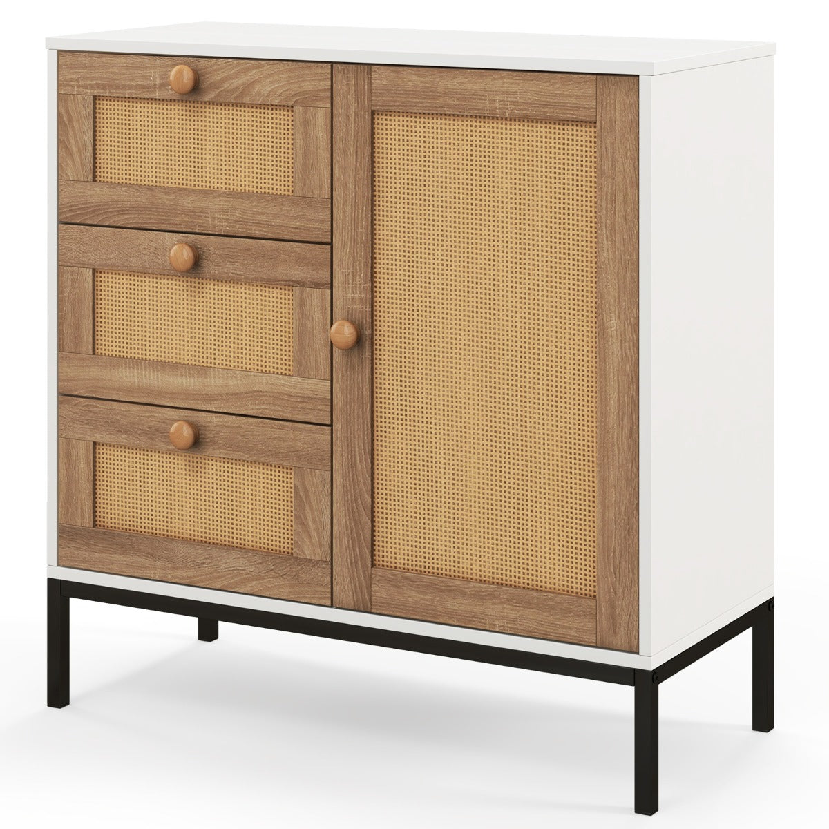 Aparador de Cozinha em Rattan com Porta e 3 Gavetas Móvel Buffet Auxiliar para Sala de Estar Corredor Entrada 80 x 35 x 80,5 cm Branco