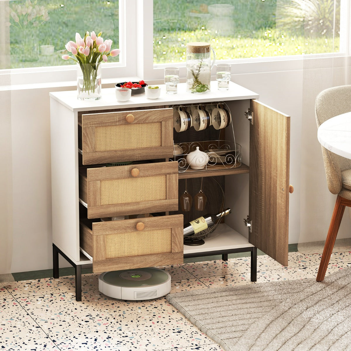 Aparador de Cozinha em Rattan com Porta e 3 Gavetas Móvel Buffet Auxiliar para Sala de Estar Corredor Entrada 80 x 35 x 80,5 cm Branco