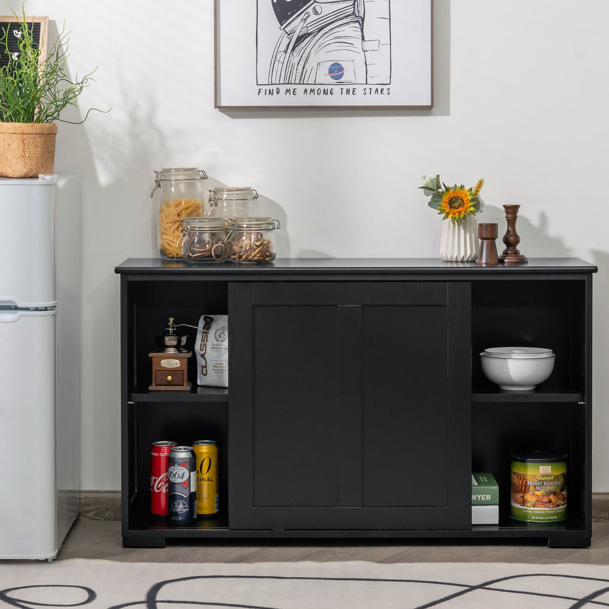 Aparador de Cozinha Buffet com Portas Deslizantes Armário Multiusos Organizador de Armazenamento para Sala de Jantar 107 x 33 x 60 cm Preto