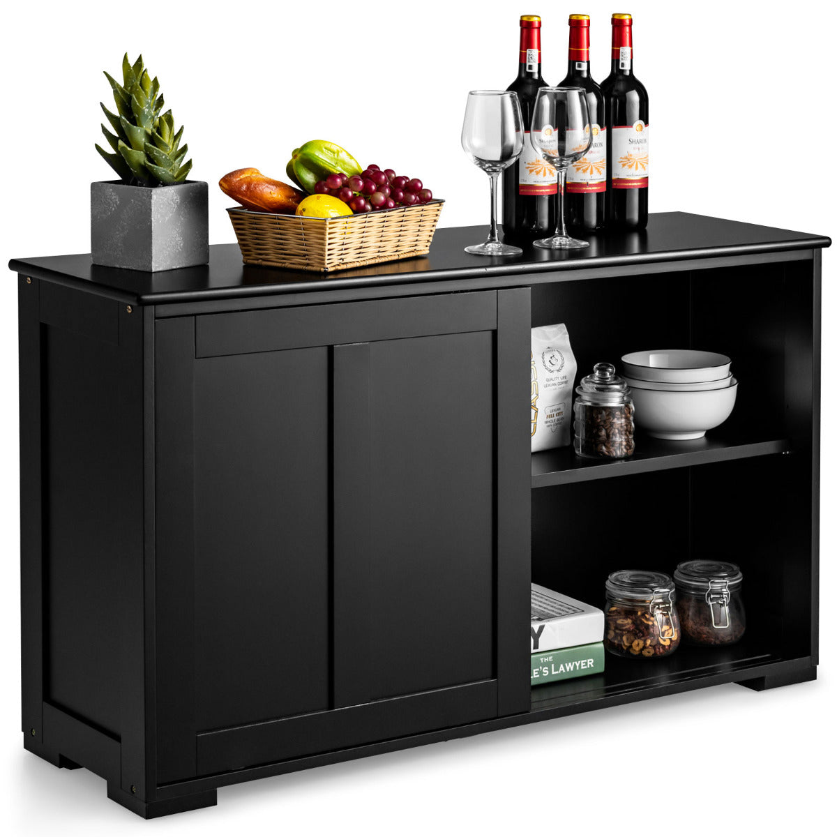 Aparador de Cozinha Buffet com Portas Deslizantes Armário Multiusos Organizador de Armazenamento para Sala de Jantar 107 x 33 x 60 cm Preto