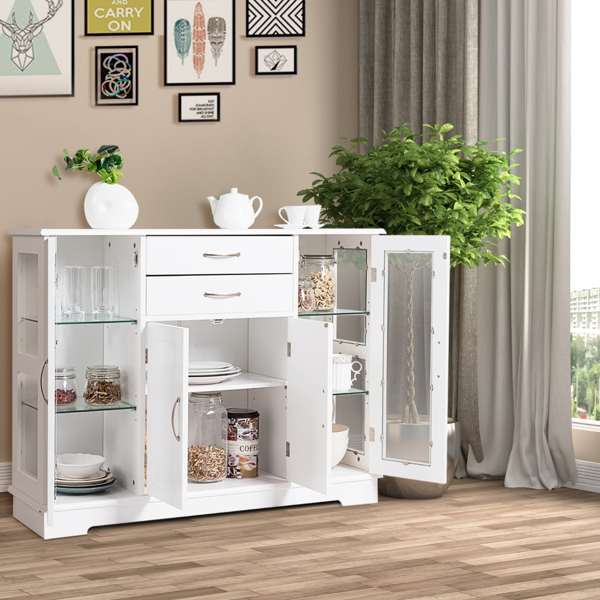 Aparador com Portas de Vidro Temperado e 2 Gavetas Organizador para Cozinha Sala de Jantar 107 x 30 x 82 cm Branco