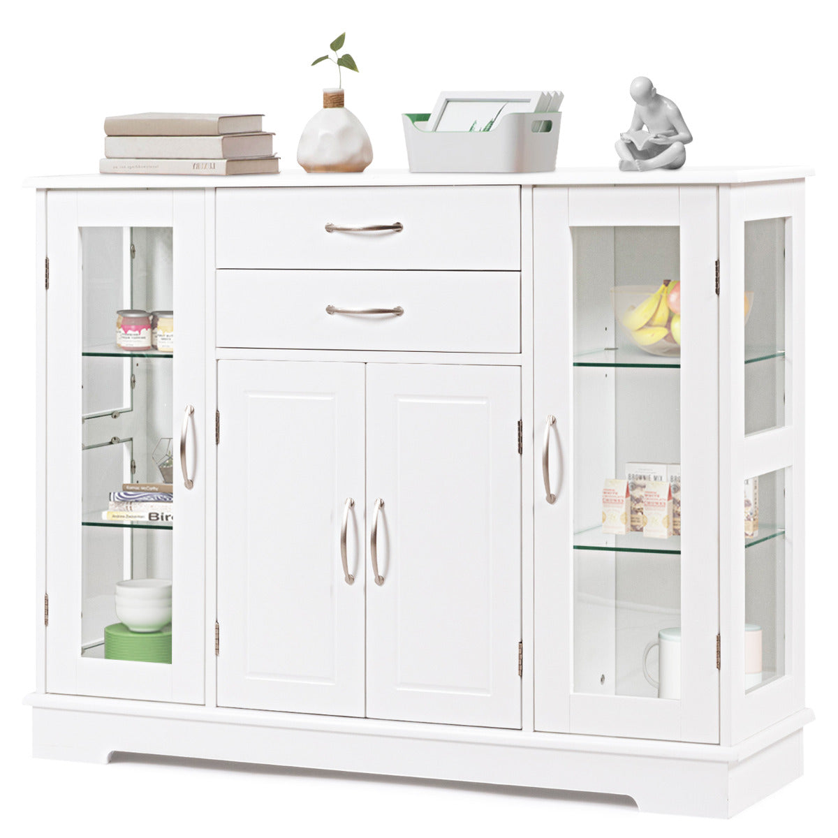 Aparador com Portas de Vidro Temperado e 2 Gavetas Organizador para Cozinha Sala de Jantar 107 x 30 x 82 cm Branco