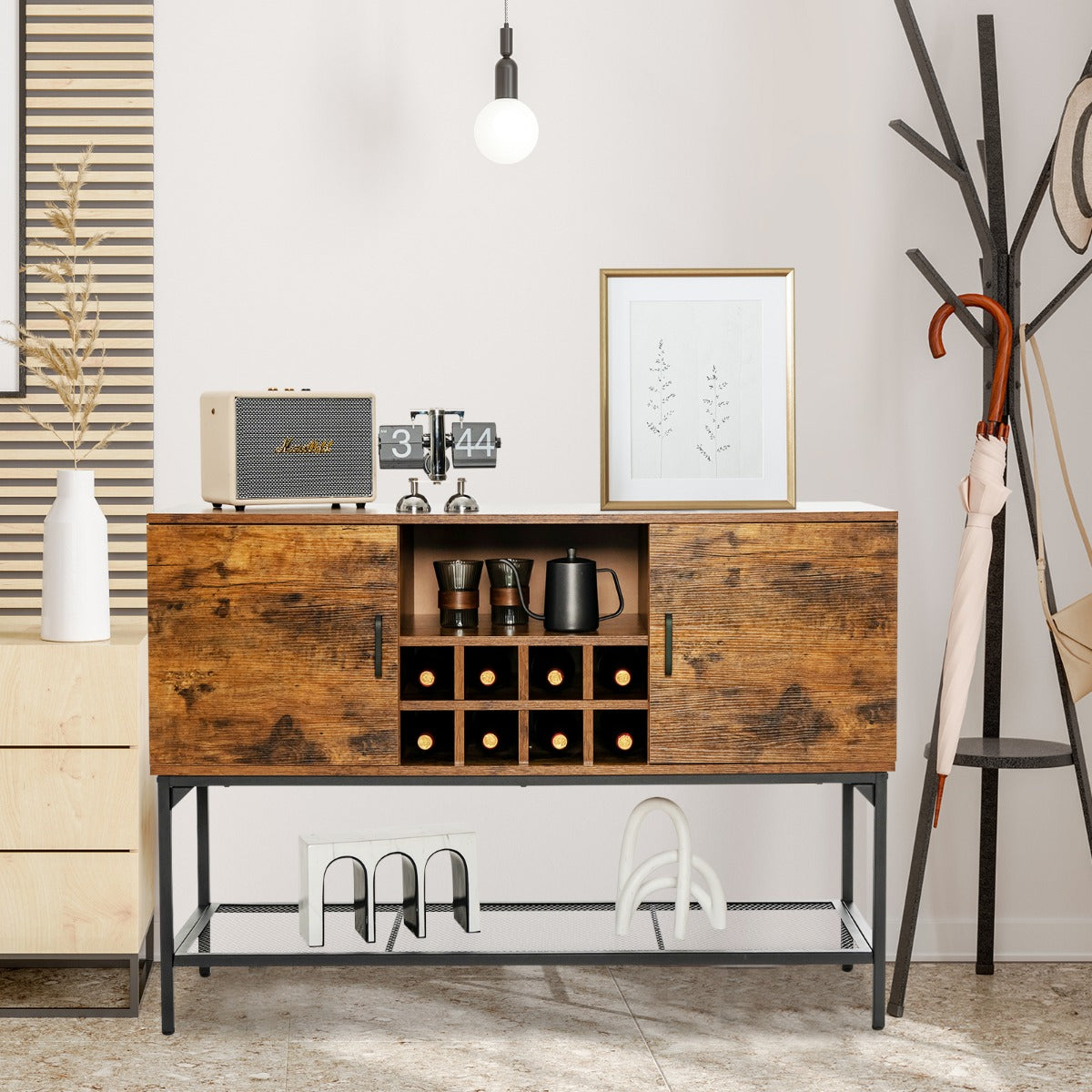 Aparador Industrial de Buffet com Portavinho Estante de Malha 2 Armários com Portas para Sala de Jantar Corredor 122 x 41 x 85 cm Castanho